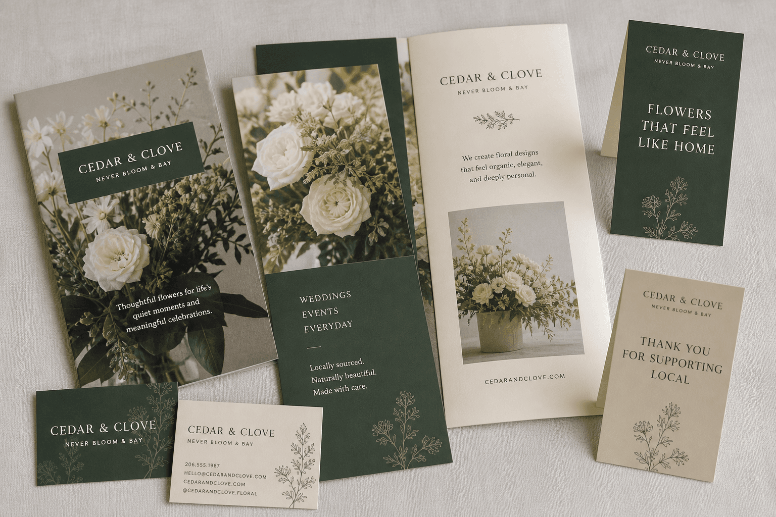 CEDAR & CLOVE cards, brochures, and table tents