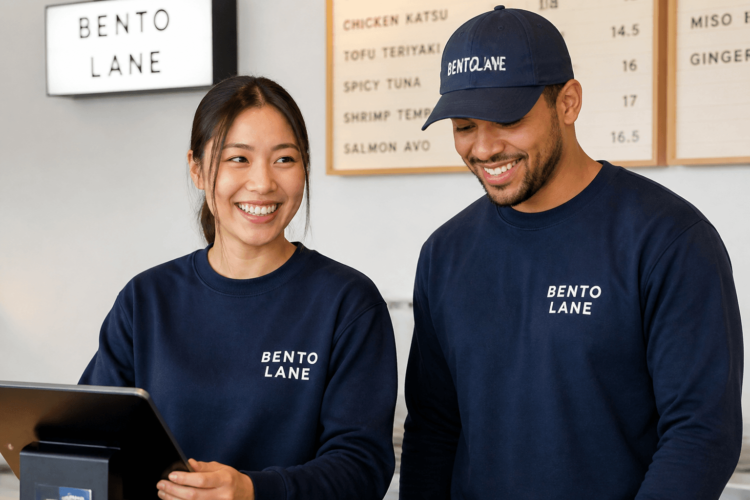Staff wearing BENTO LANE branded shirts and a cap