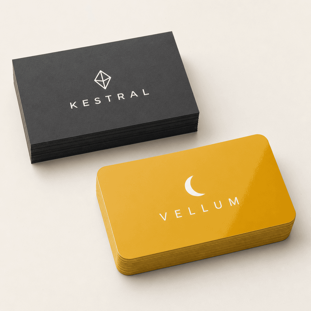 KESTRAL and VELLUM business cards in a studio stack