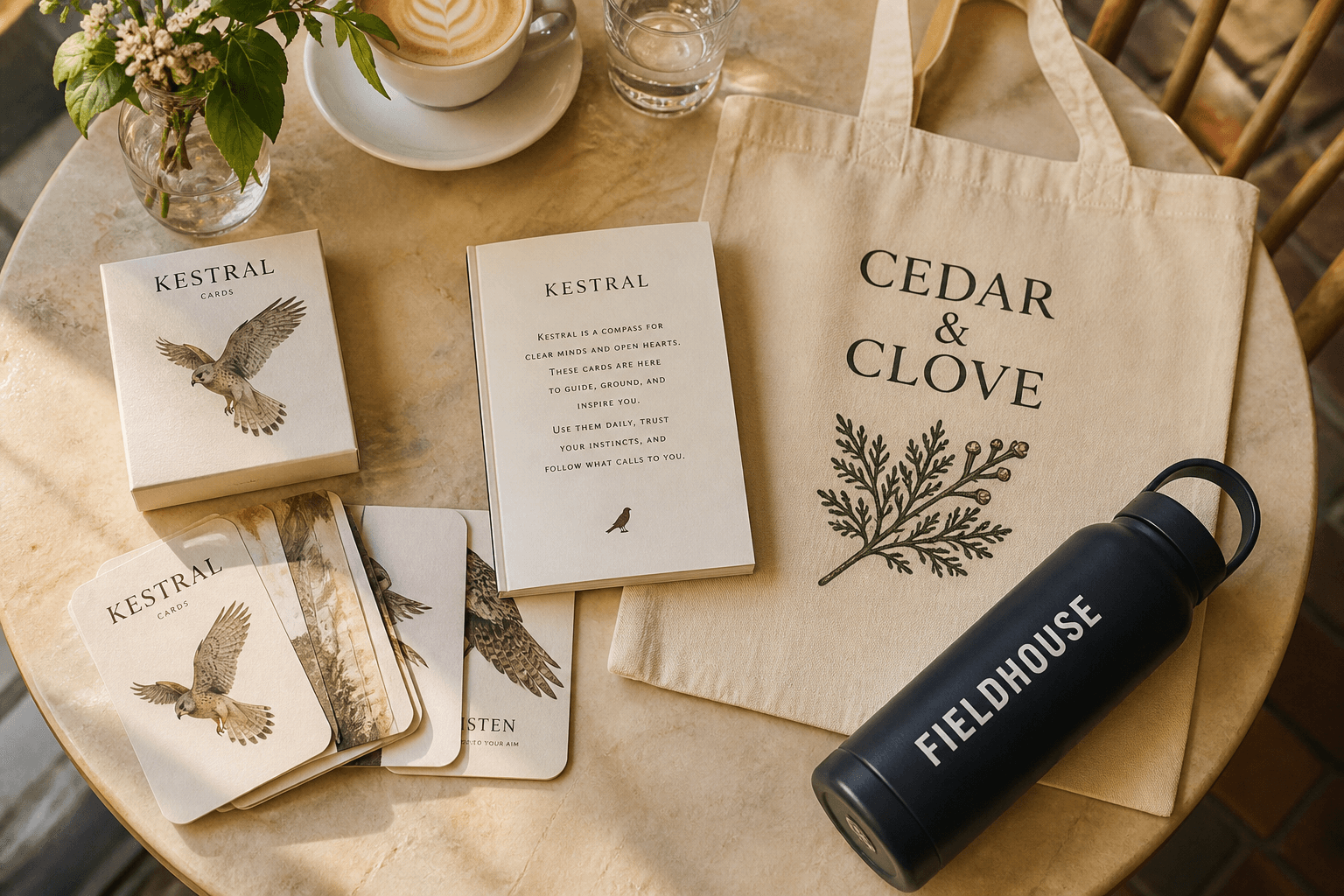 KESTRAL cards, CEDAR & CLOVE tote, and FIELDHOUSE bottle on a cafe table