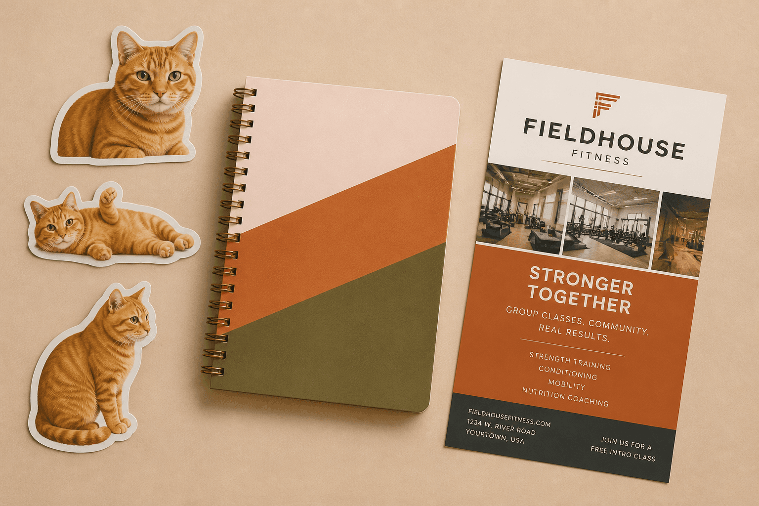 Die-cut stickers, notebook, and flyer samples
