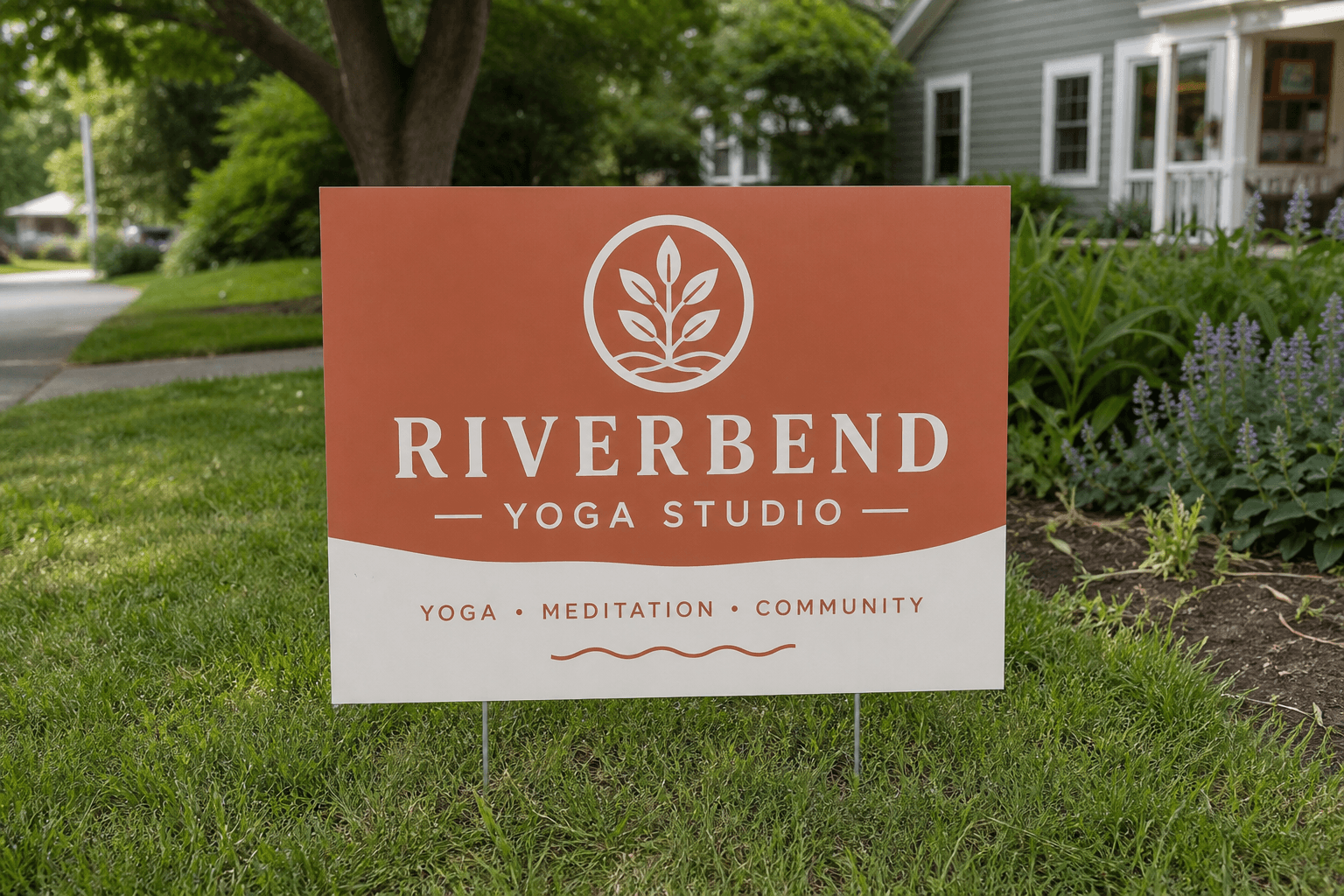 RIVERBEND Yoga Studio yard sign on a lawn